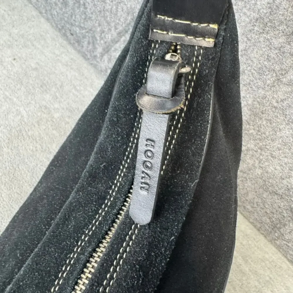 Hogan Satchel Black Suede and Leather Top Zip Shoulder Bag